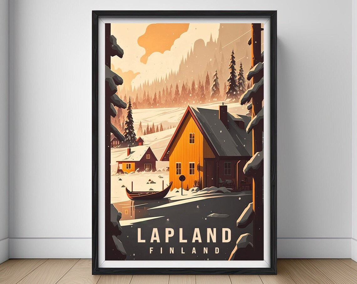 Lapland Finland Snowy Cabin Frozen Lake Vintage Winter Travel Poster