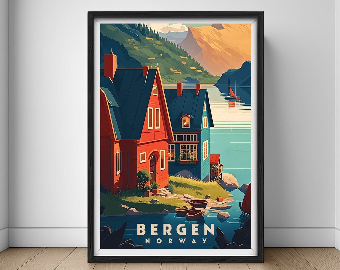 Bergen Norway Fjord Village Sailboat Vintage Travel Art Poster