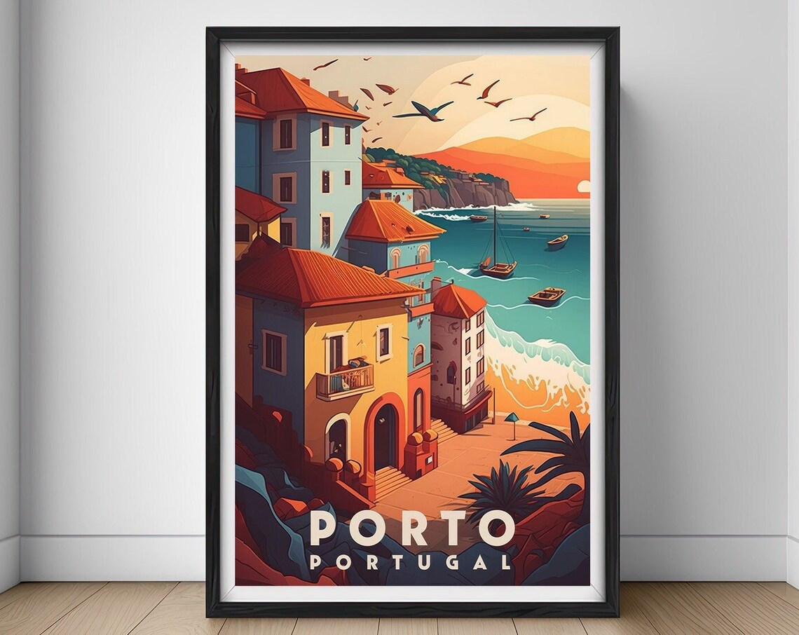 Porto Portugal Coastal Old Town Harbor Sunset Vintage Travel Poster