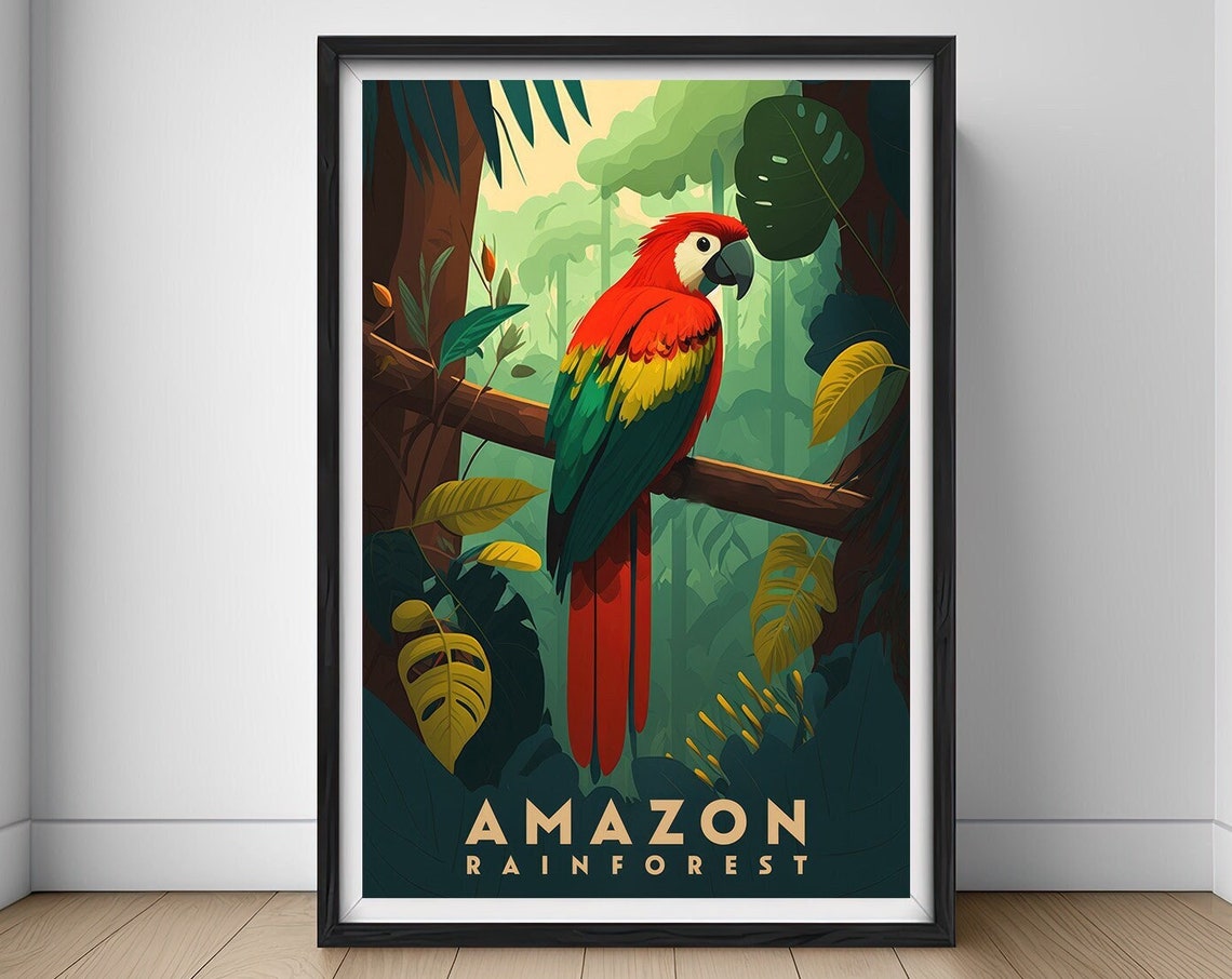 Amazon Rainforest Vintage Travel Poster Scarlet Macaw Jungle