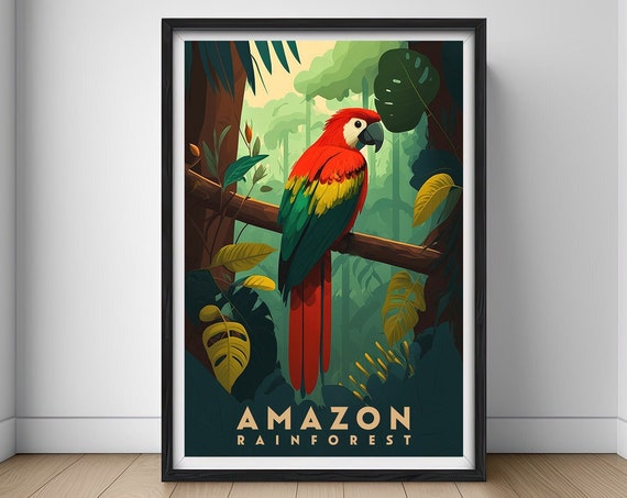 Amazon Jungle Travel Poster Amazon Rainforest Wall Art Print Amazon Jungle Painting Illustration Amazon Rainforest Watercolor Art