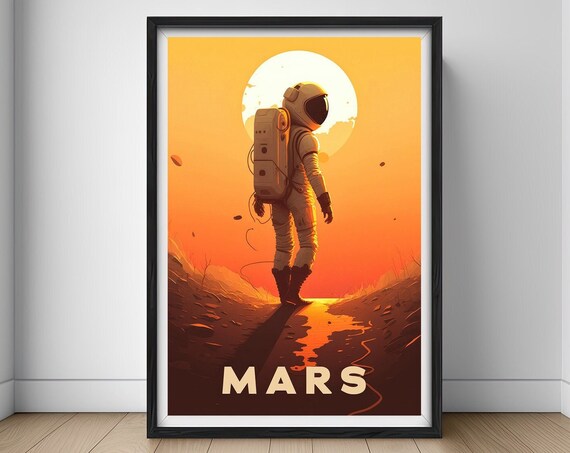 Mars Astronaut Red Planet Space Exploration Sunset Vintage Travel Poster