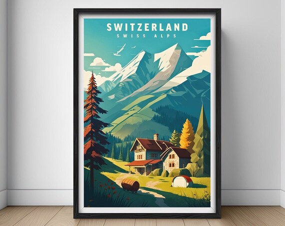 Swiss Alps Switzerland Travel Poster Swiss Alps Wall Art Print Swiss Alps Painting Illustration Switzerland Swiss Alps Home Decor