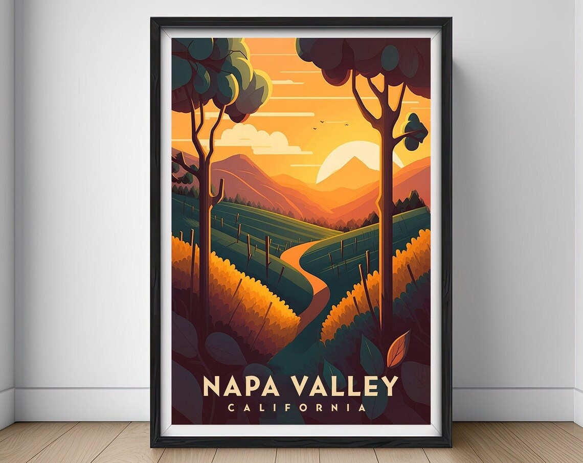 Napa Valley California Vineyard Sunset Hills Vintage Travel Poster