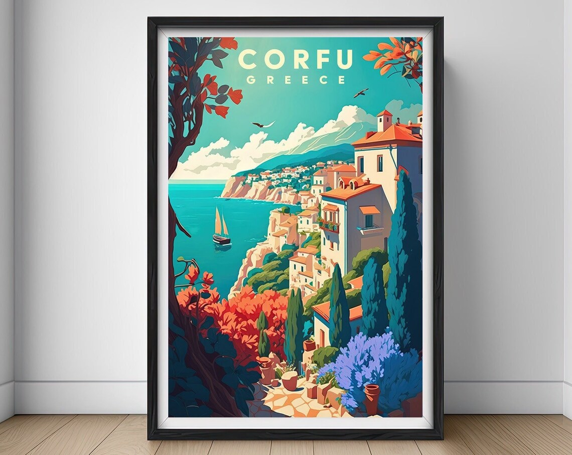 Corfu Greece Seaside Cliff Village Coastline Vintage Travel Poster