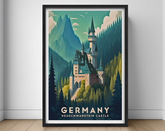 Germany Neuschwanstein Castle Travel Postergermany Wall Art Printgermany Painting Illustrationprintable Watercolor