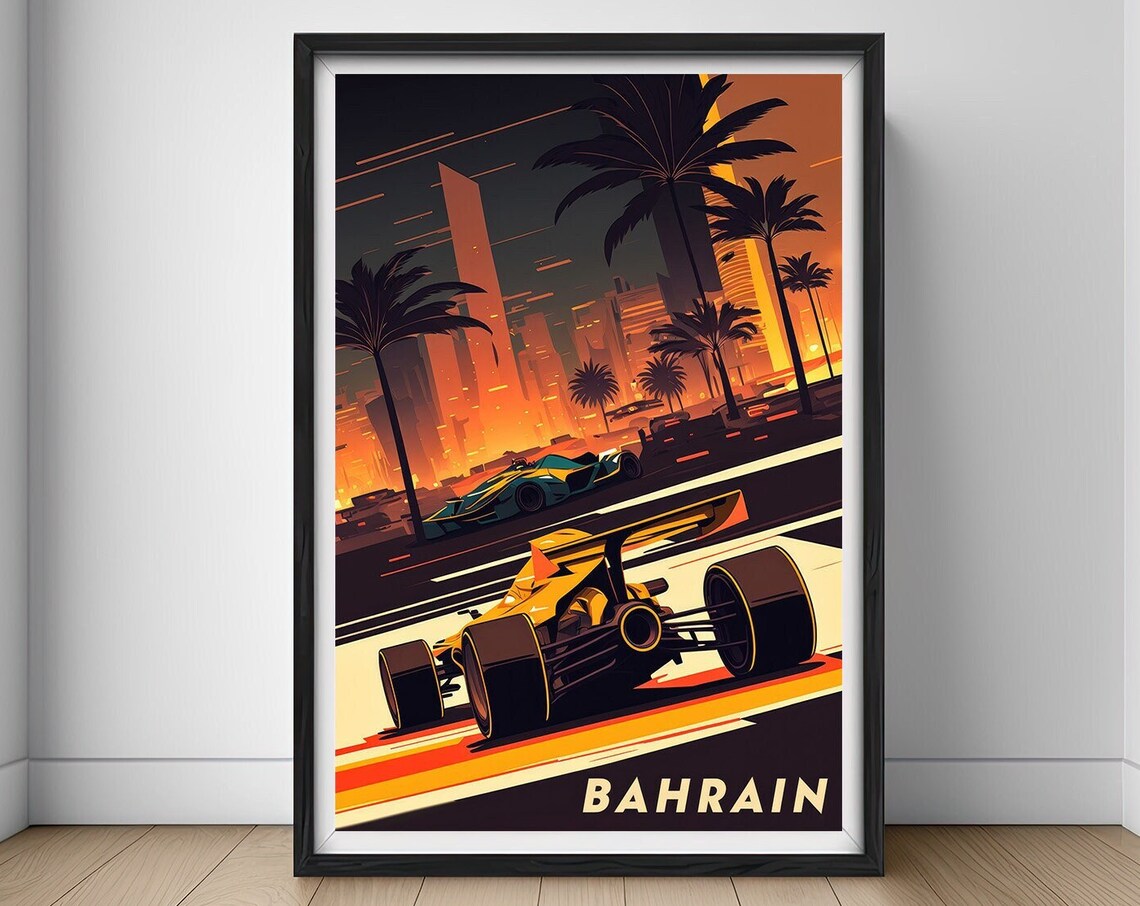 Bahrain Night Race Grand Prix Formula Cars City Retro Travel Poster