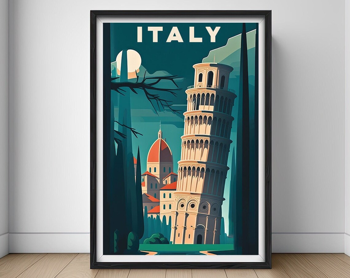 Italy Leaning Tower of Pisa Moonlit Night Skyline Travel Poster