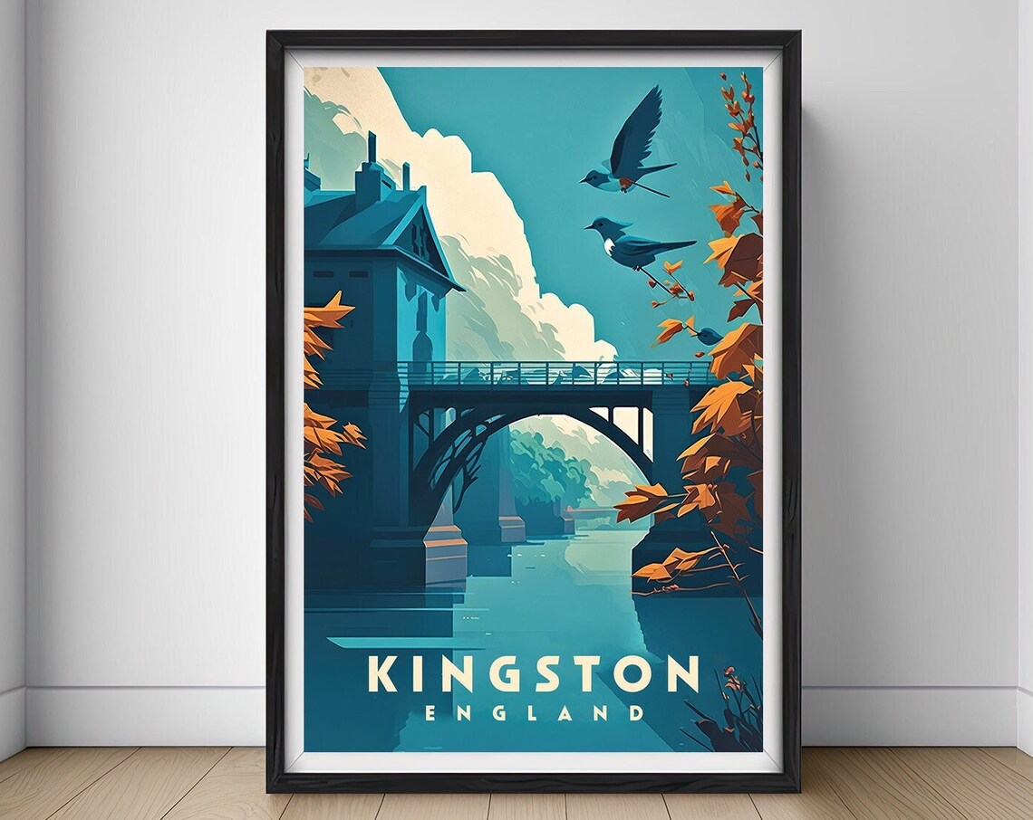 Kingston England River Bridge Autumn Birds Retro Travel Poster