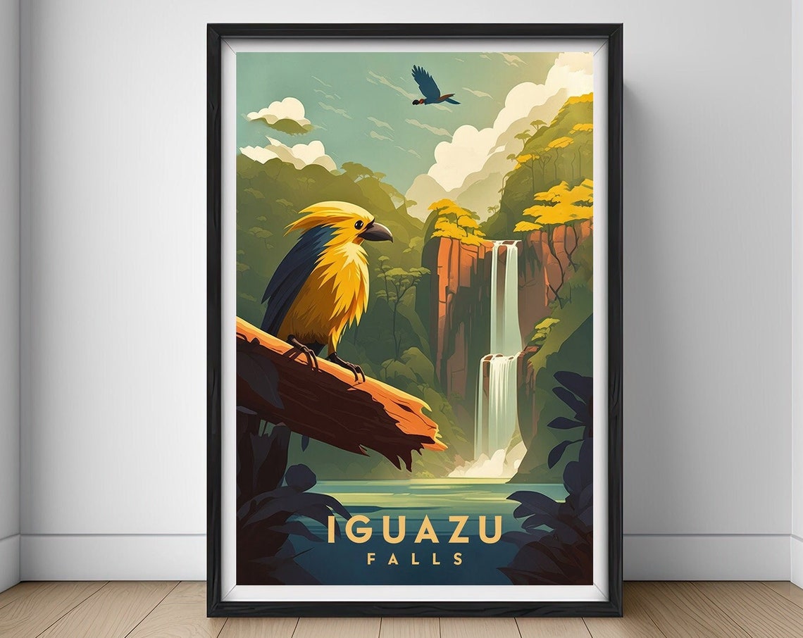 Iguazu Falls Waterfall Golden Bird Retro Jungle Travel Poster