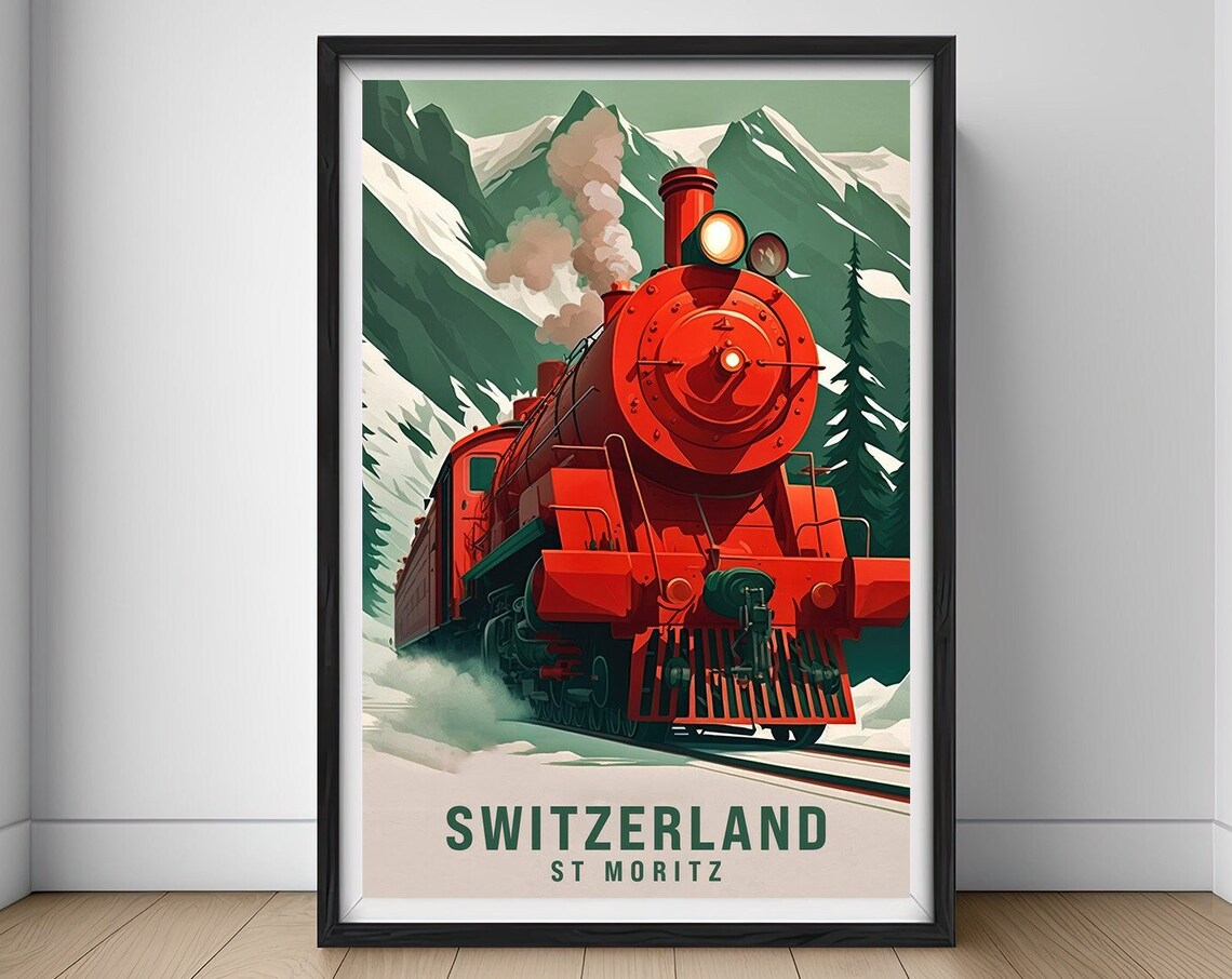 Switzerland St Moritz Red Steam Train Alpine Railway Poster Art