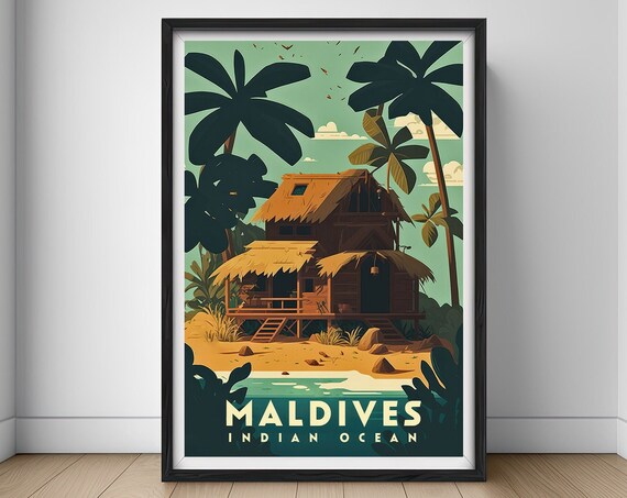 Maldives Indian Ocean Beach Hut Palm Trees Retro Travel Poster