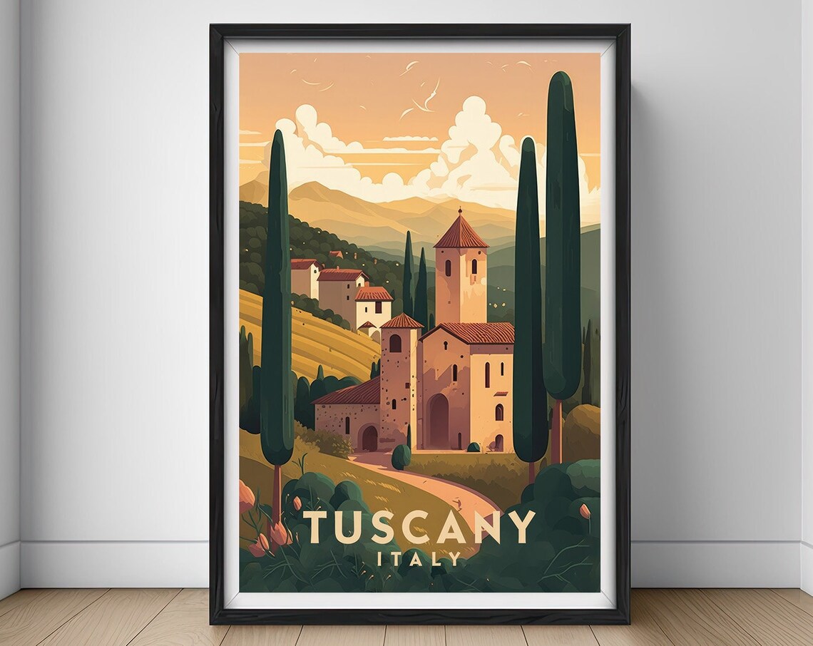 Tuscany Italy Vintage Travel Poster Cypress Hills Church Scene