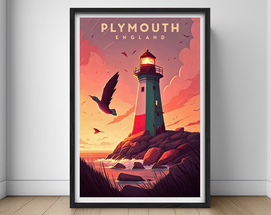 Plymouth England Vintage Travel Poster Lighthouse Sunset Coast