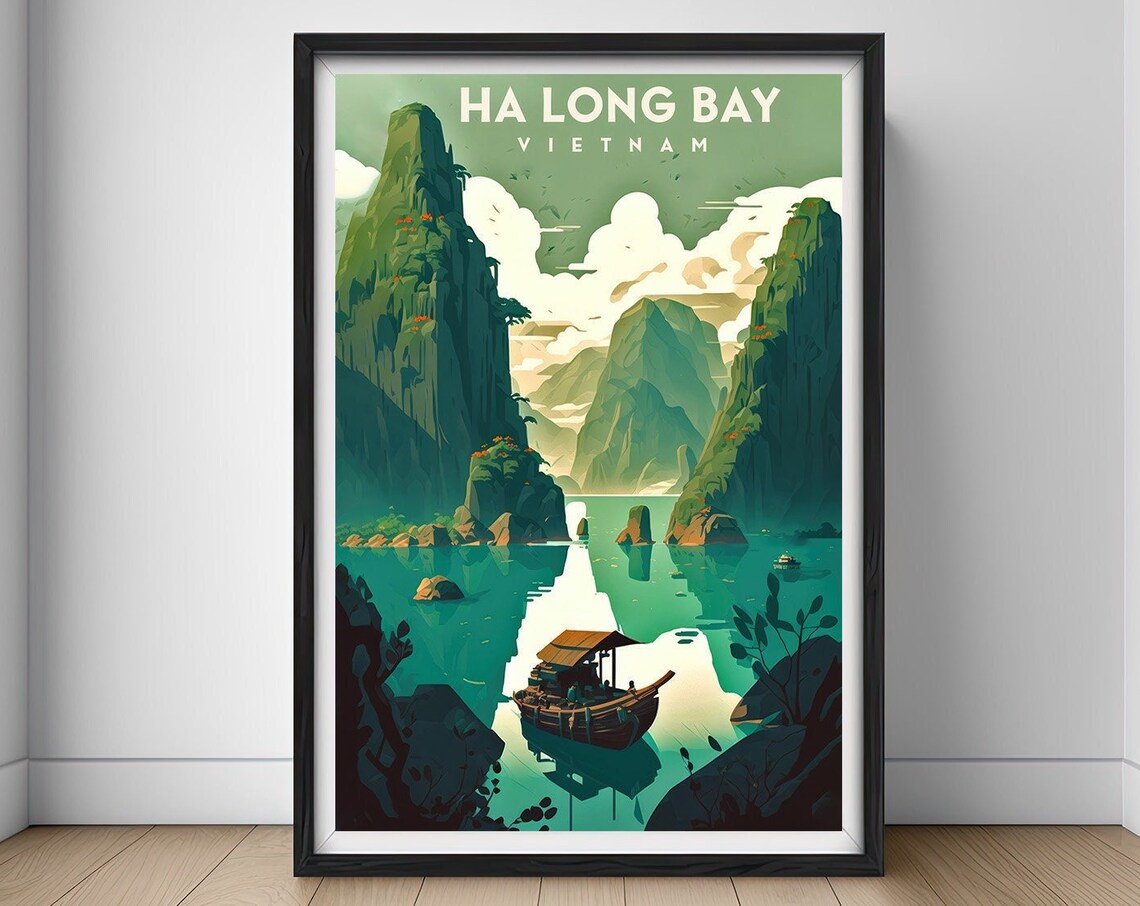 Ha Long Bay Vietnam Vintage Travel Poster Karst Islands Boat