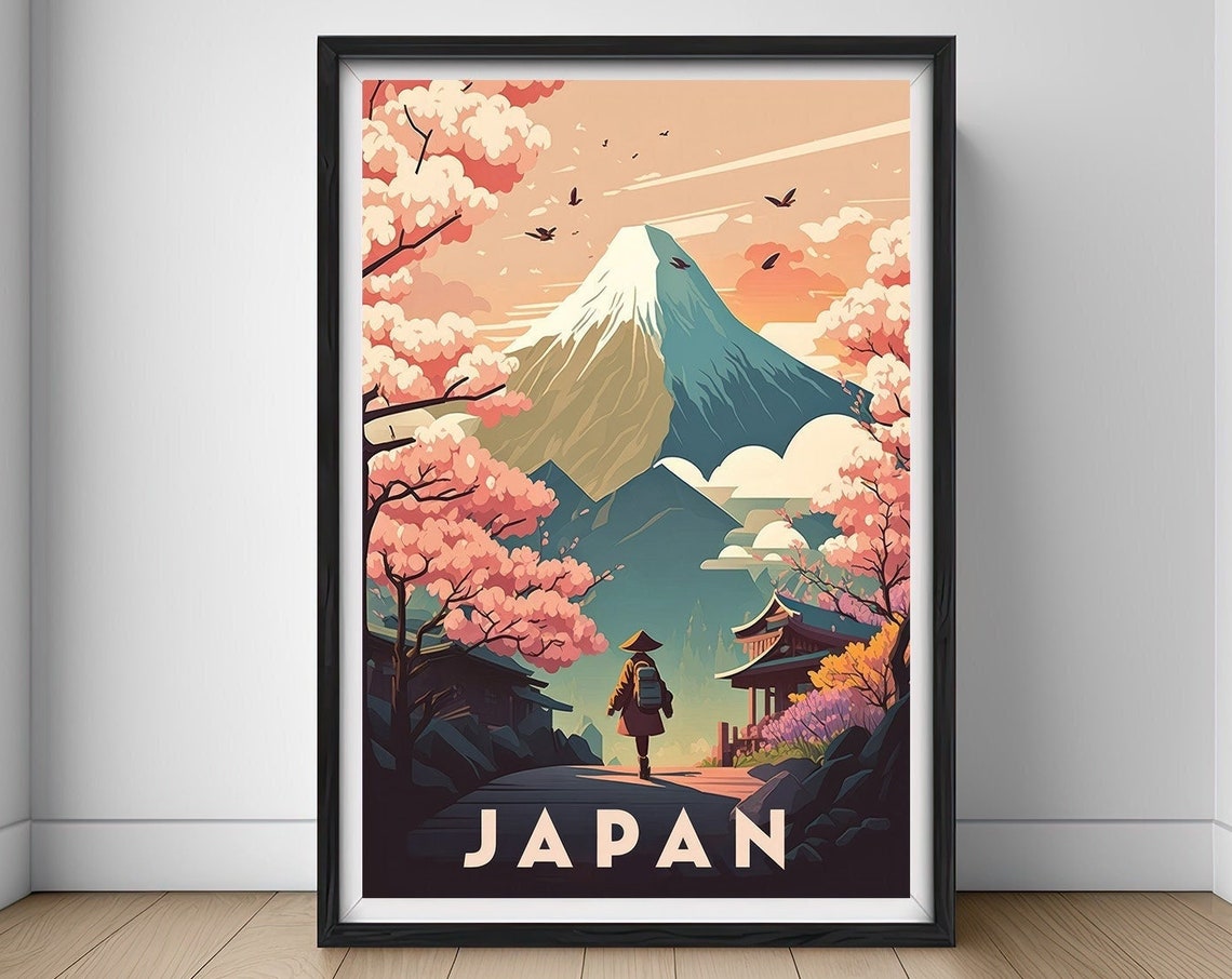 Japan Mount Fuji Sunset Cherry Blossom Traveler Vintage Poster