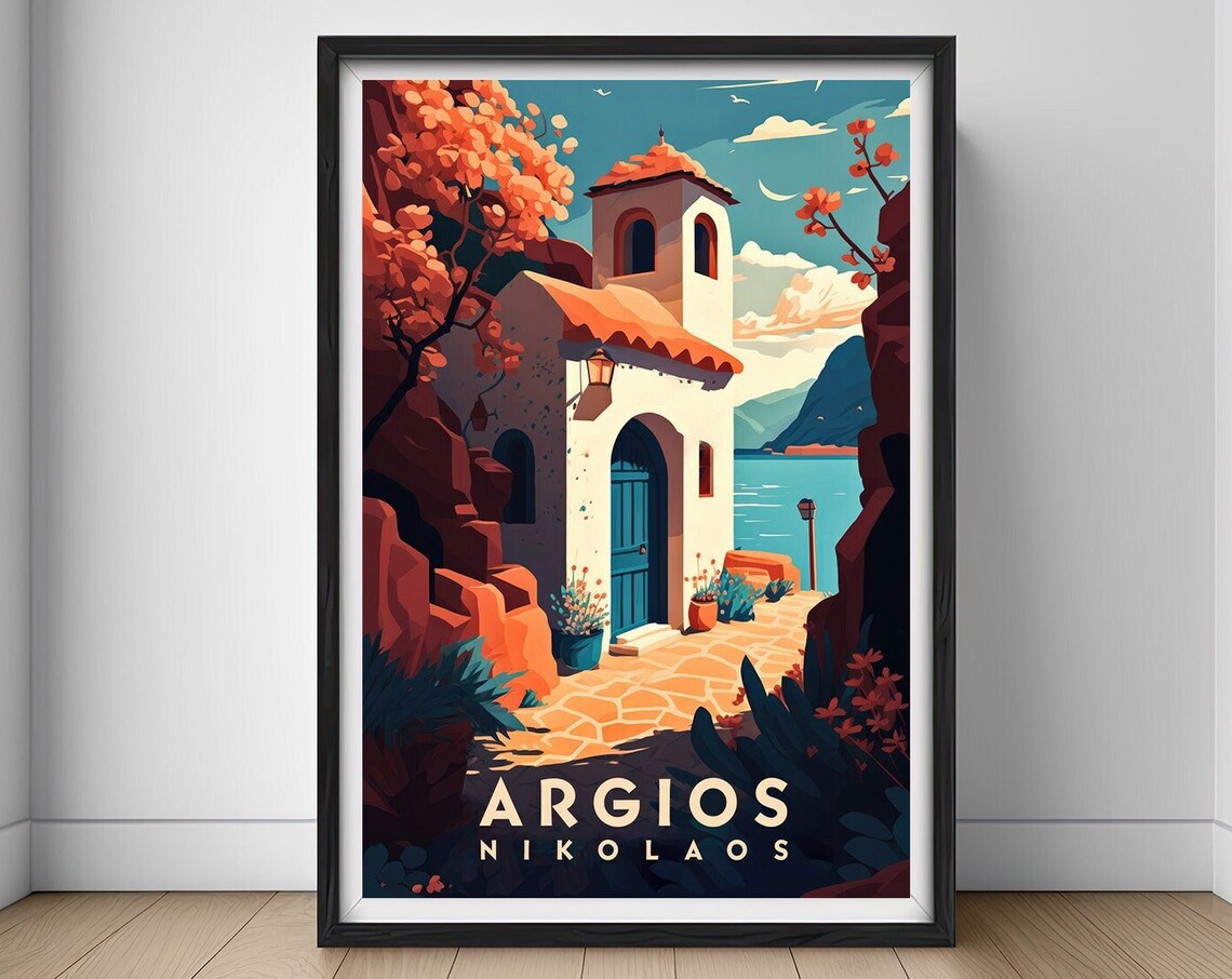 Argios Nikolaos Greece White Chapel Blue Door Seaside Travel Poster