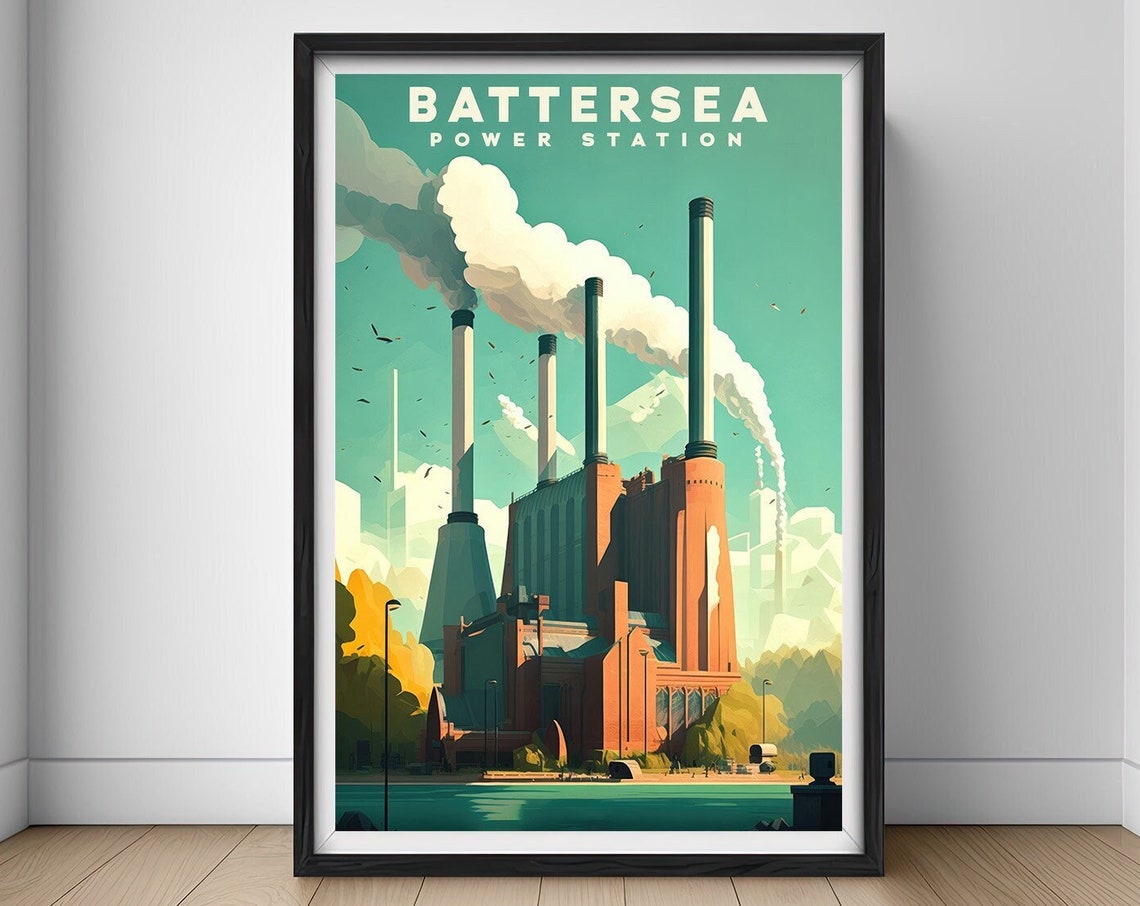 Battersea Power Station London Thames Skyline Vintage Poster