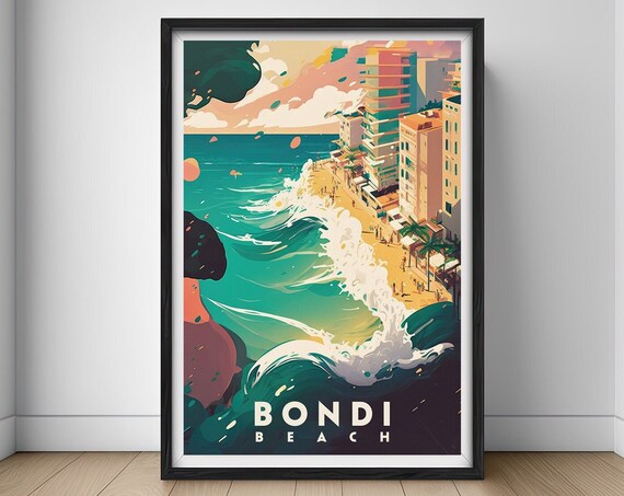 Bondi Beach Australia Waves Surf Coastal City Vintage Travel Poster