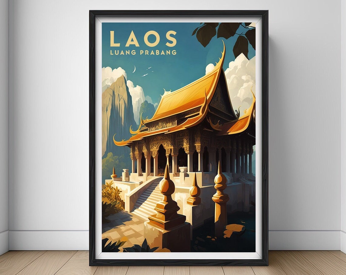 Laos Luang Prabang Golden Temple Buddhist Architecture Travel Poster