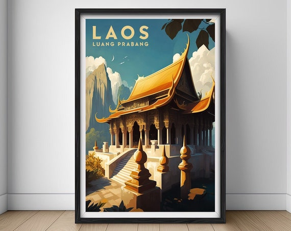 Luang Prabang Laos Travel Poster Laos Wall Art Print Luang Prabang Laos Painting Illustration Laos Golden Temple Laos Home Decor