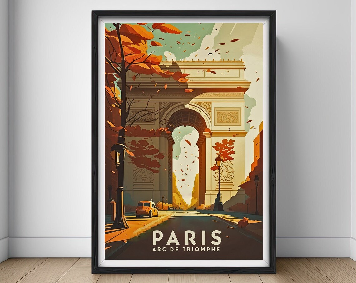 Paris Arc de Triomphe Vintage Travel Poster Autumn Leaves Art