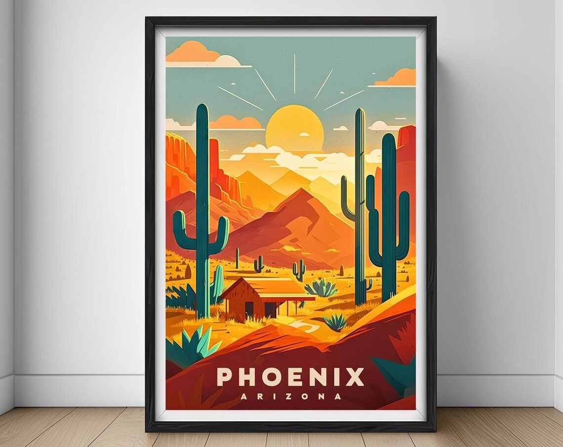 Phoenix Arizona Desert Cacti Blazing Sunset Retro Travel Poster Art