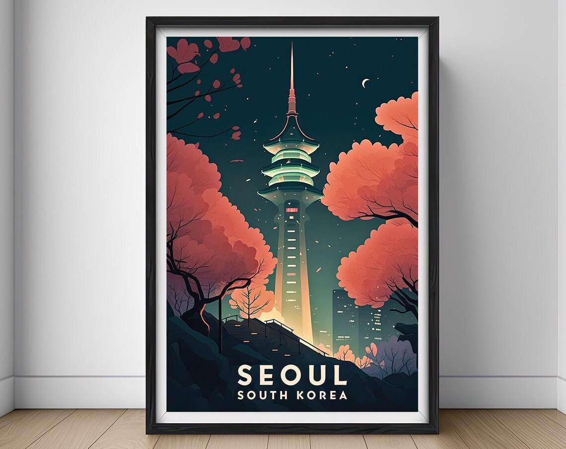 Seoul South Korea City Night Tower Cherry Blossom Travel Poster