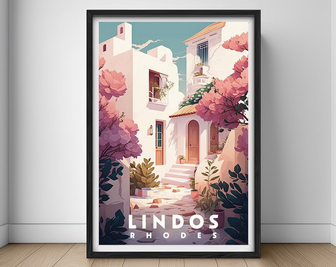Lindos Rhodes Whitewashed Alley Pink Bougainvillea Travel Poster