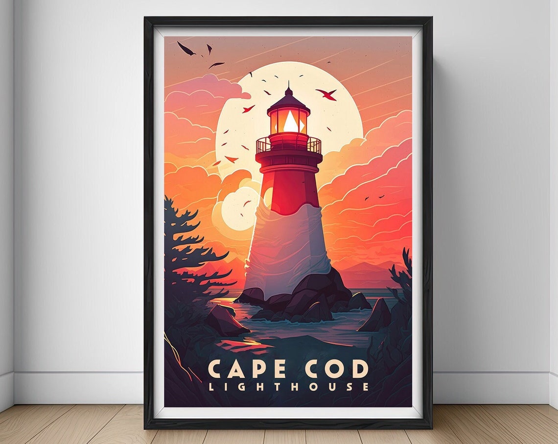 Cape Cod Lighthouse Sunset Seagulls Retro Coastal Travel Poster