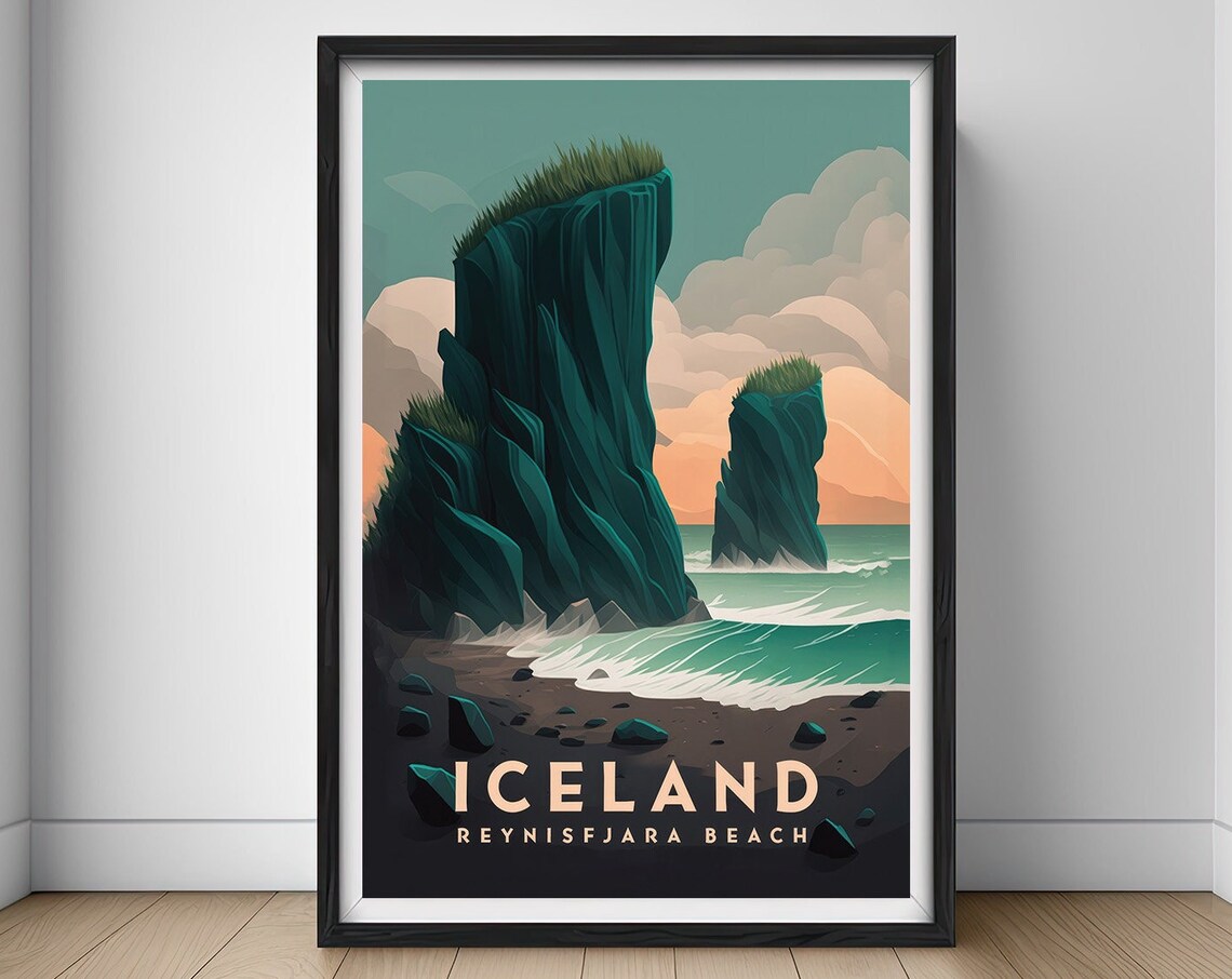 Iceland Reynisfjara Beach Travel Poster, Watercolor