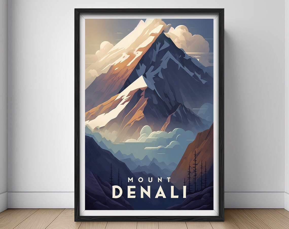 Mount Denali Alaska Snow Capped Peak Sunrise Vintage Travel Poster