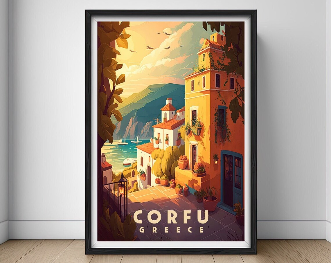 Corfu Greece Coastal Village Island Sunset Retro Travel Poster Art