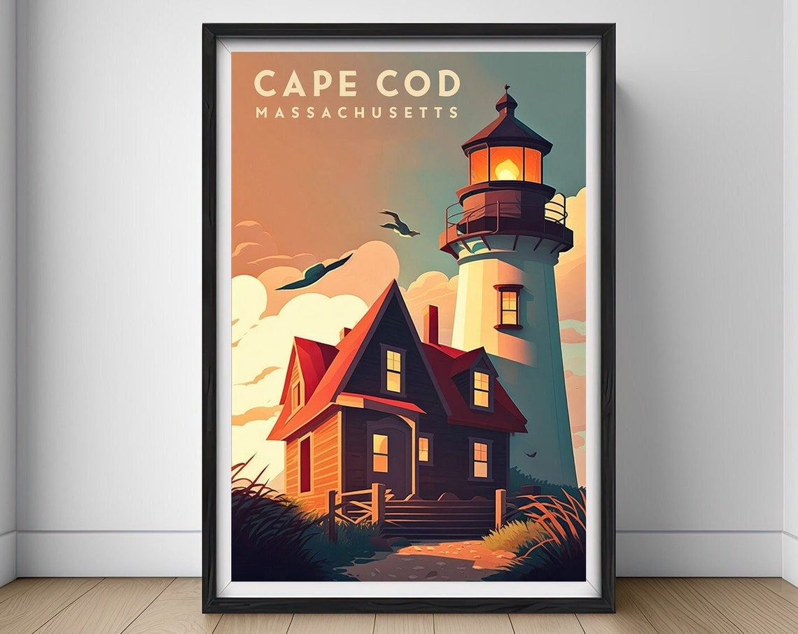 Cape Cod Massachusetts Lighthouse Cottage Sunset Travel Poster