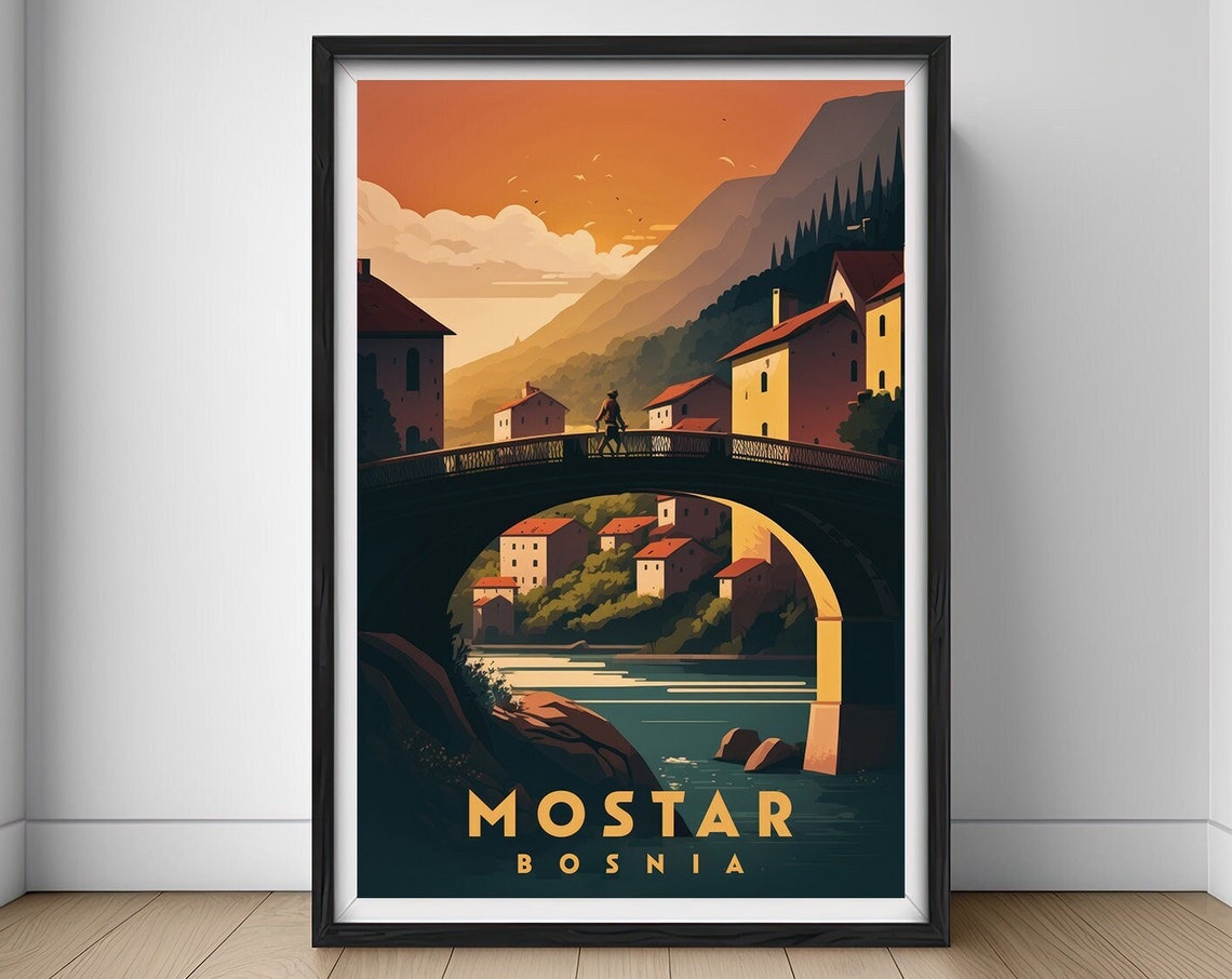 Mostar Bosnia Stari Most Old Bridge Sunset Vintage Travel Poster