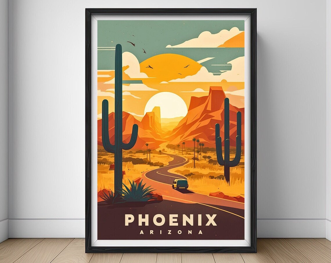 Phoenix Arizona Desert Highway Saguaro Cactus Sunset Travel Poster