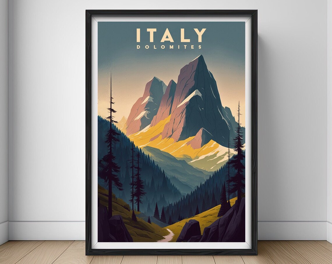 Italy Dolomites Alpine Peaks Dusk Mountain Retro Travel Poster