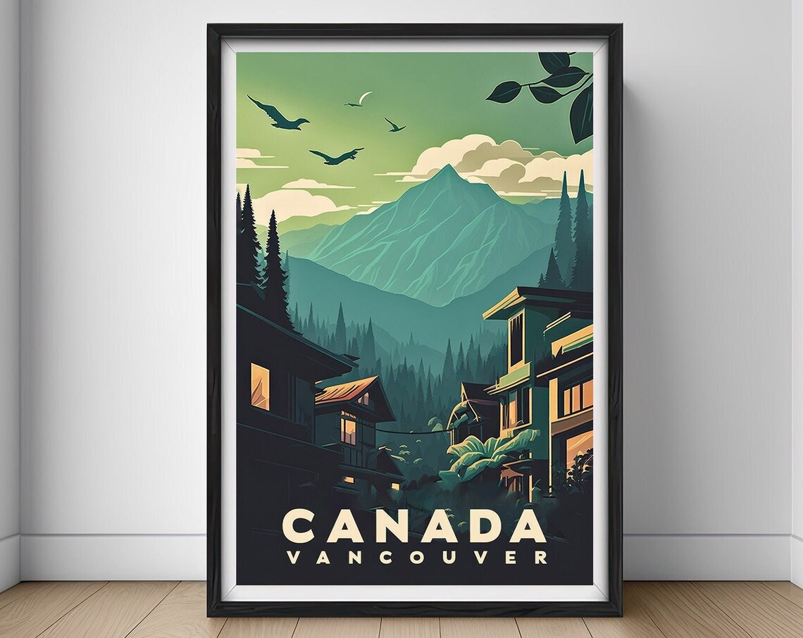 Canada Vancouver Mountain Cabin Forest Retro Travel Poster Art