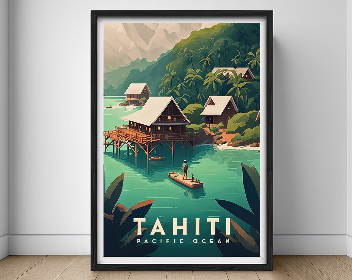 Tahiti Pacific Ocean Overwater Bungalow Island Travel Poster