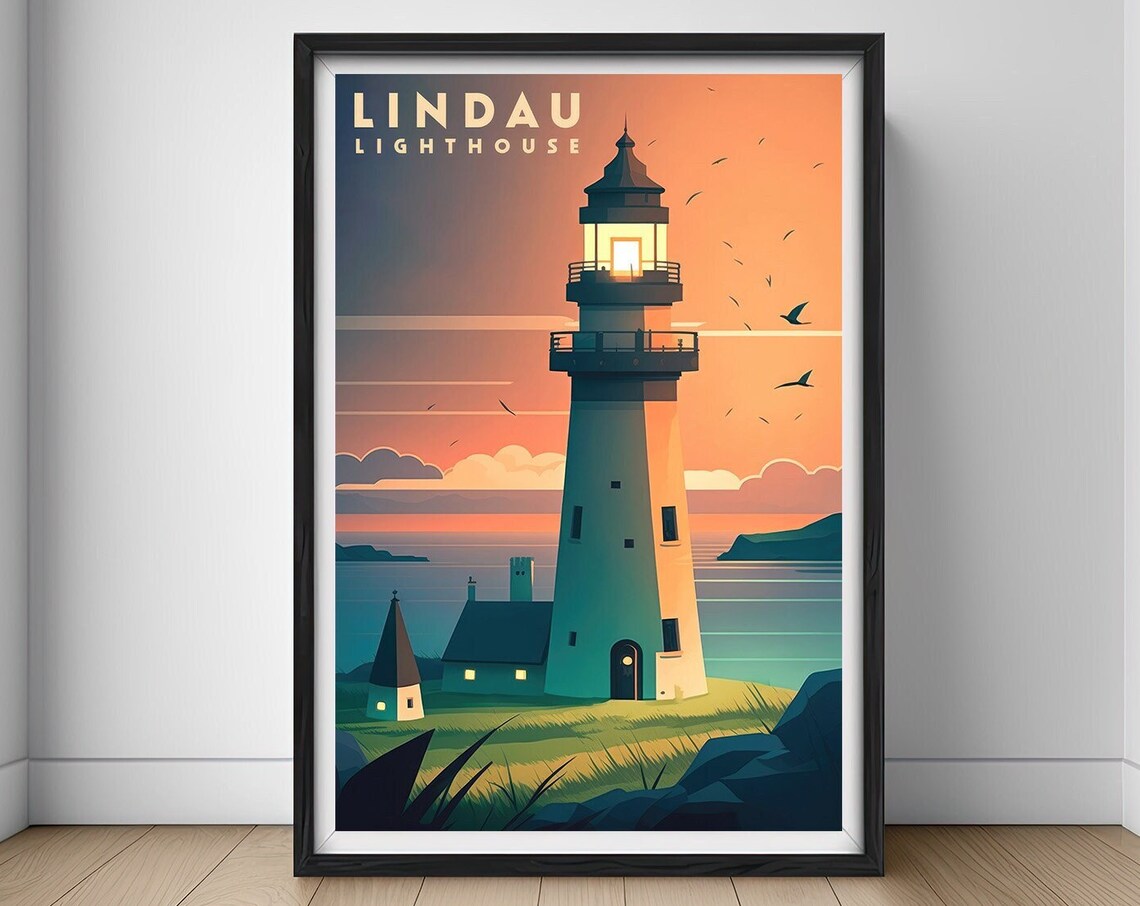 Lindau Germany Lighthouse Sunset Lake Beacon Scenic Travel Poster