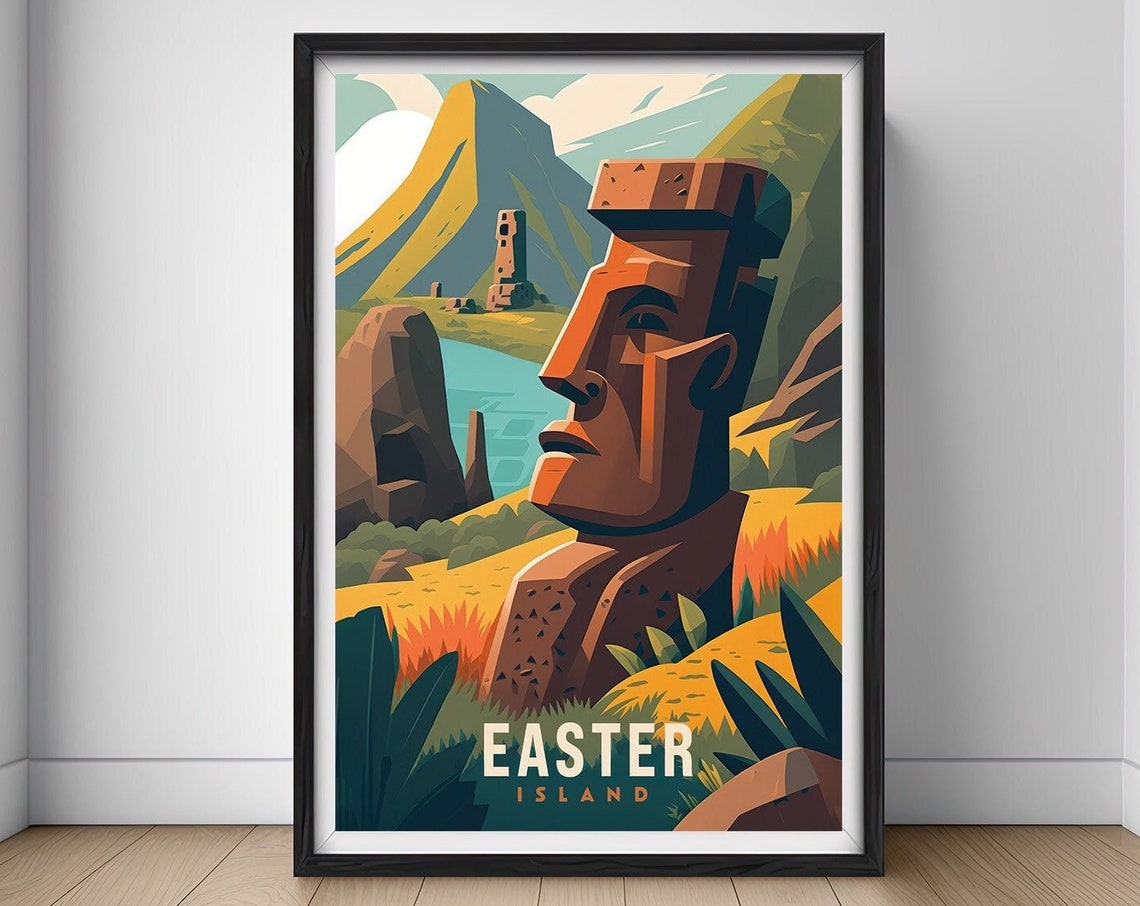 Easter Island Moai Statue Vintage Travel Poster Volcano Hills