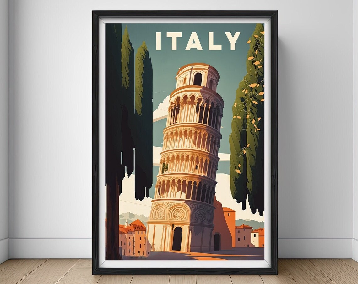 Italy Leaning Tower of Pisa Sunset Cypress Trees Travel Poster
