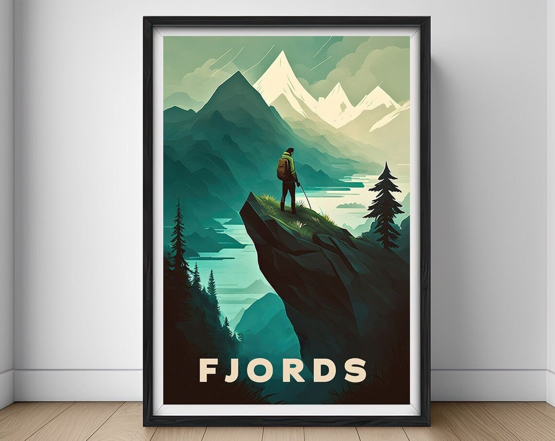 Fjords Hiker Cliff View Snowy Mountain Landscape Vintage Travel Poster