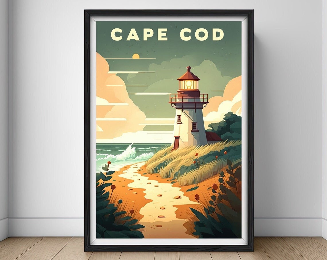 Cape Cod Lighthouse Ocean Dunes Beach Sunset Vintage Travel Poster