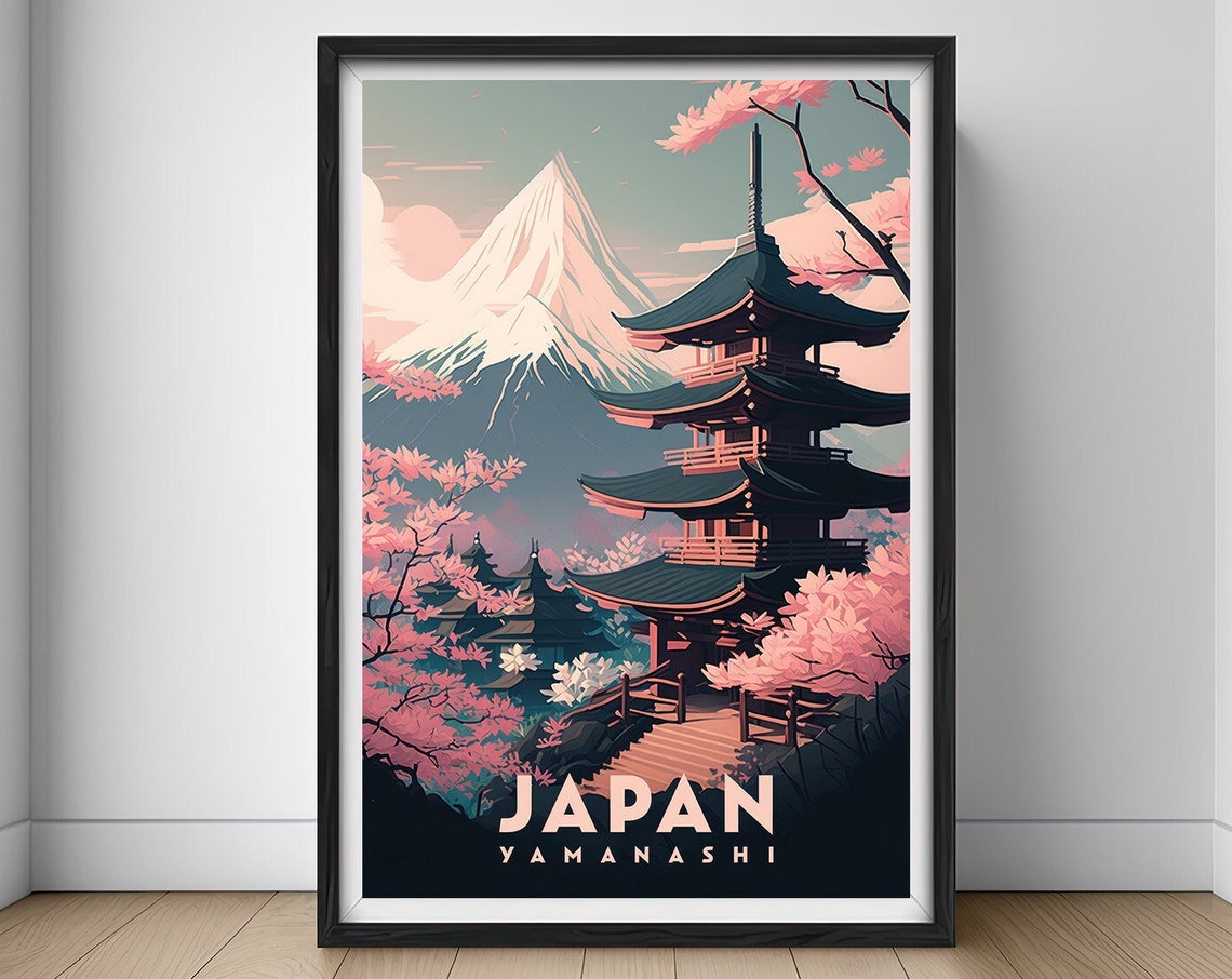 Japan Yamanashi Mt Fuji Vintage Travel Poster Pagoda Blossom