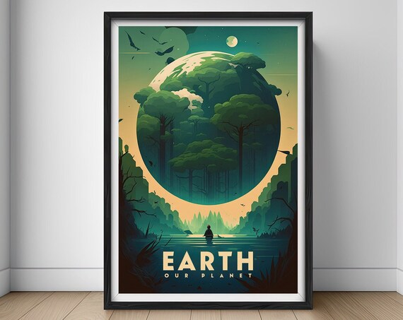 Earth Our Planet Giant Globe Forest Kayak Vintage Style Poster