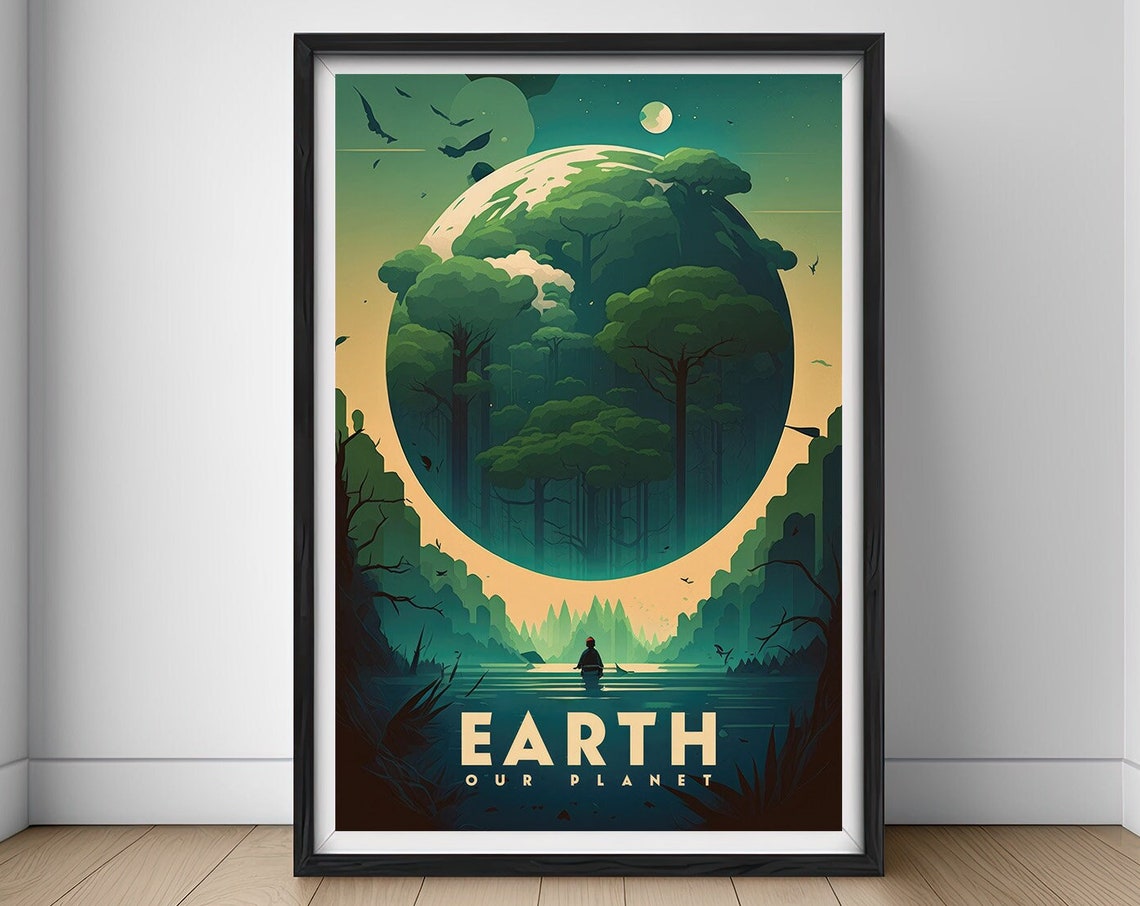 Earth Our Planet Giant Globe Forest Kayak Vintage Style Poster