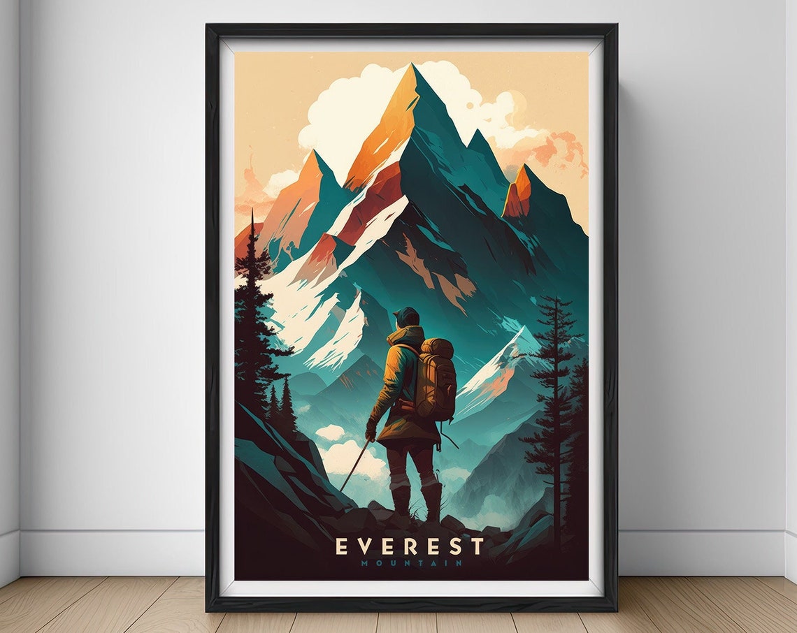 Mount Everest Himalaya Summit Hiker Sunset Vintage Travel Poster