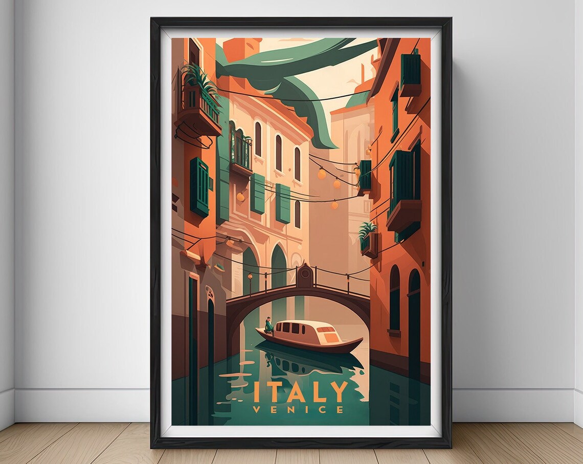 Venice Italy Canal Boat Bridge String Lights Vintage Travel Poster