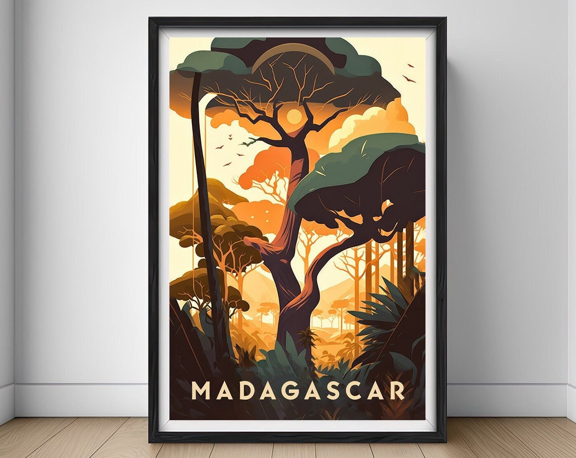 Madagascar Baobab Jungle Sunset Exotic Vintage Travel Poster